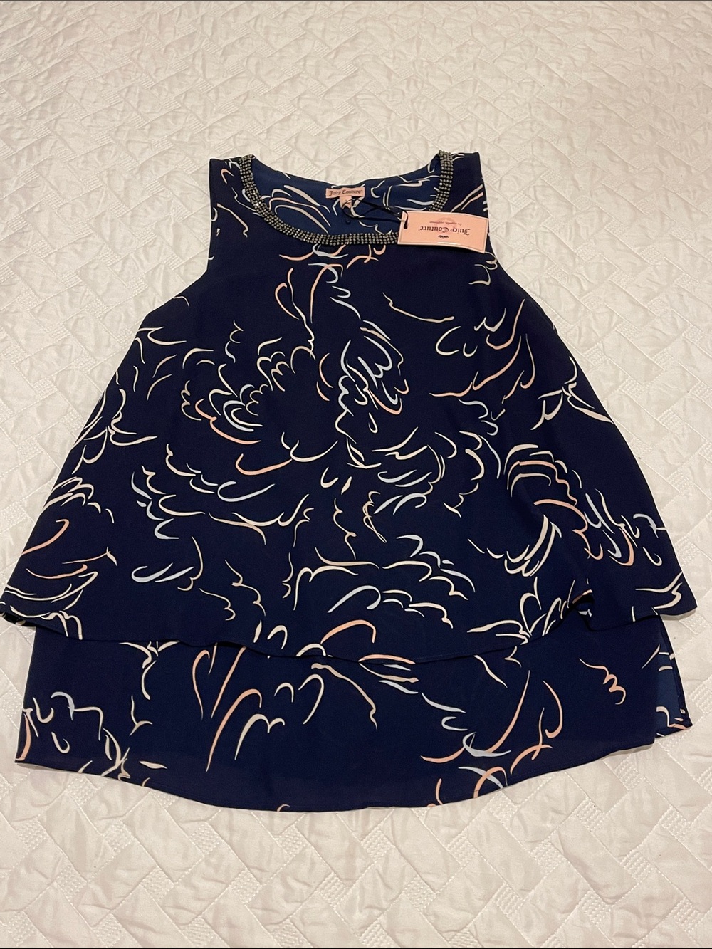 Juicy Couture Navy Layered top with Cream and Blush Swirl Print